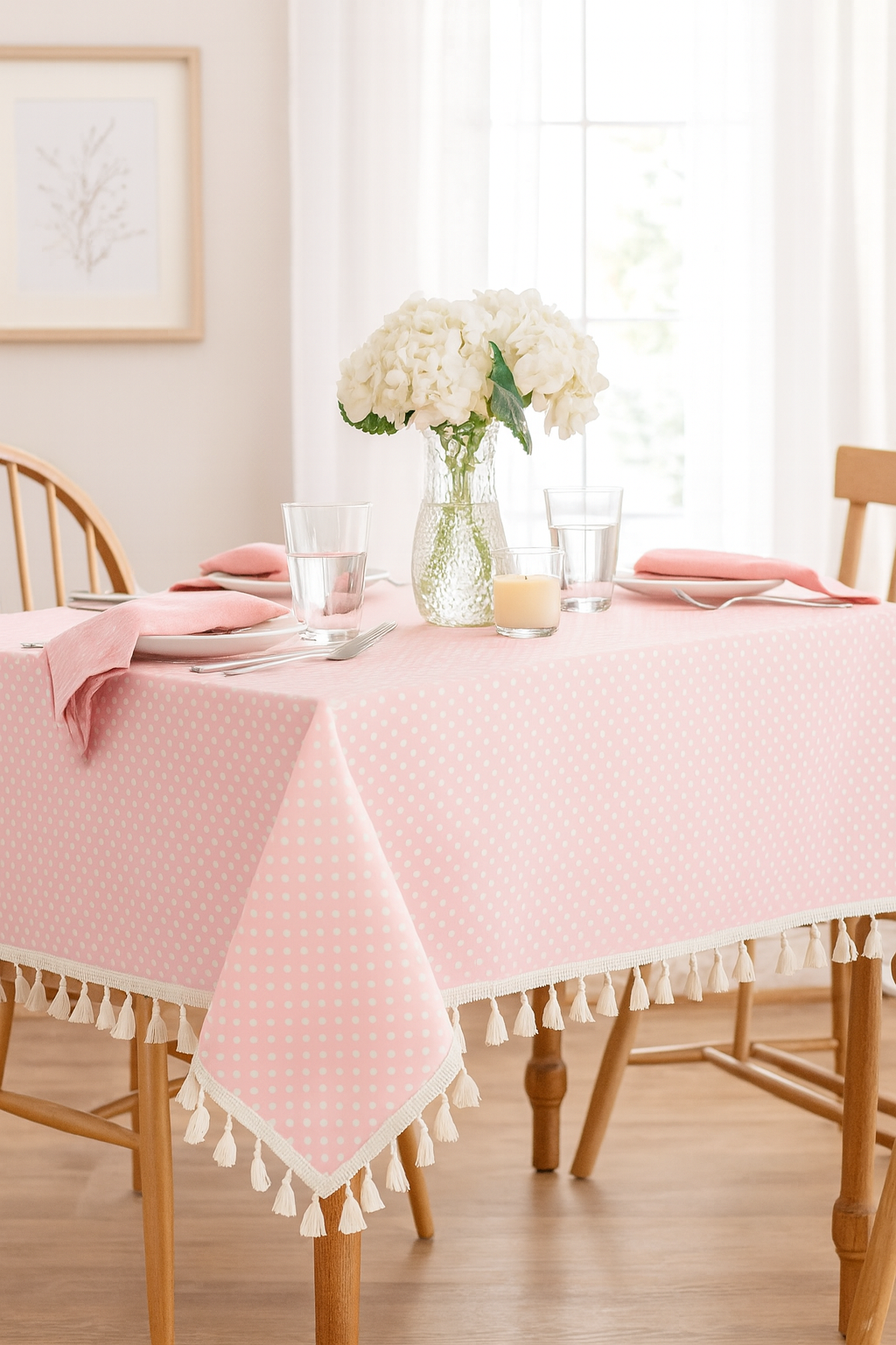 TBL0020 - White Polka Dots Tasseled Pink Cotton Blend Tablecloth
