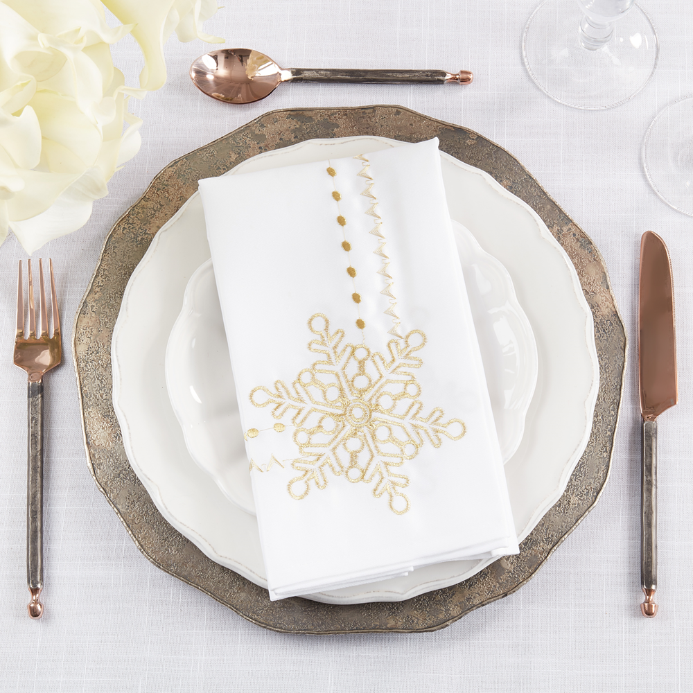 3138 - White Embroidered Snowflakes 20" Dinner Napkin