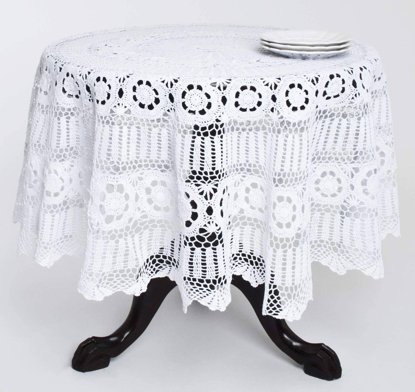 869 - White Medallion Hand Crocheted Cotton Tablecloth