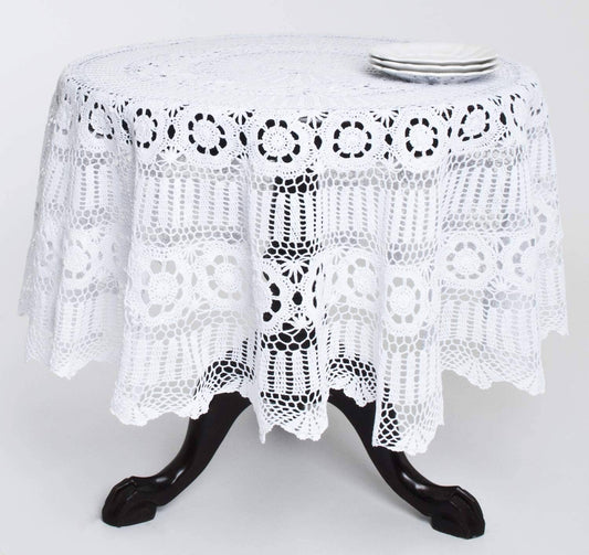 869 - White Medallion Hand Crocheted Cotton Tablecloth