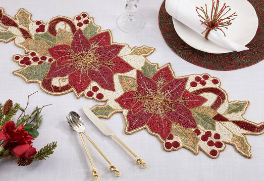 2112 - Red Green Beaded Poinsettia 13x36 Table Runner