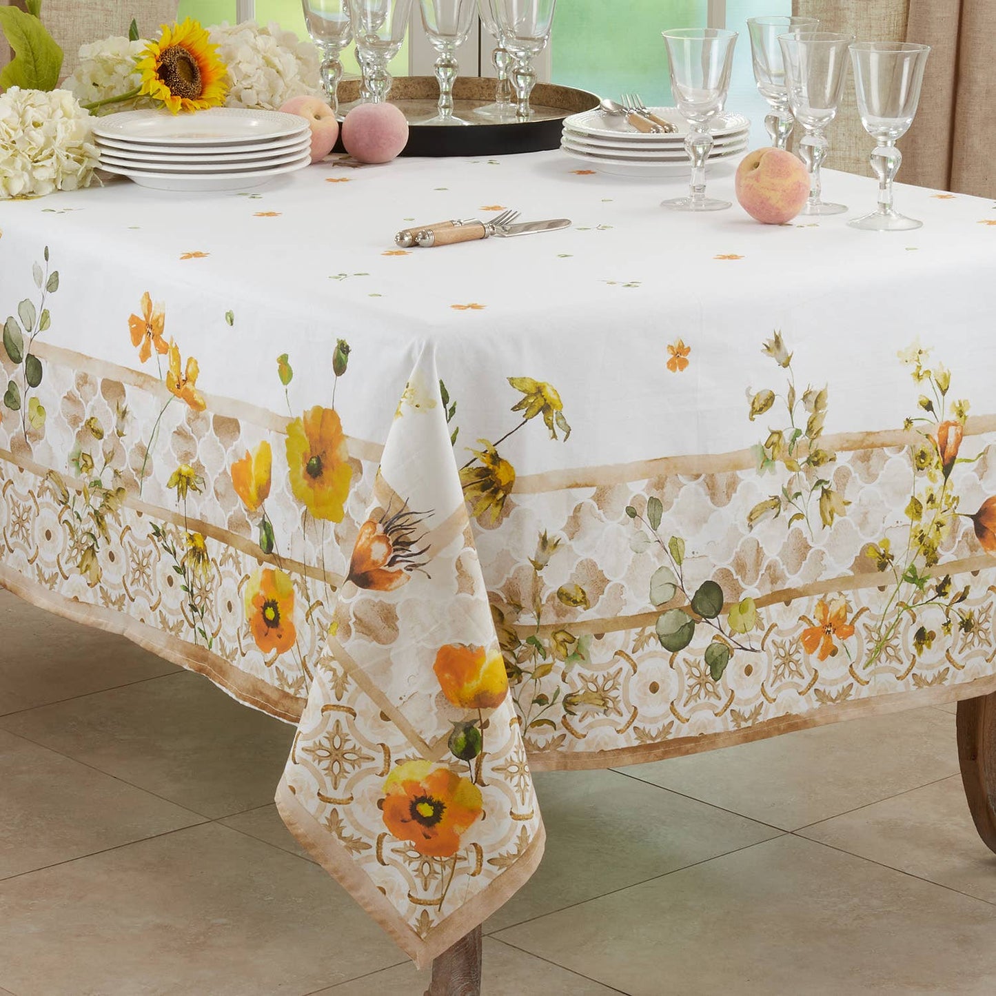 2520 - Floral Block Cotton 70" Square Tablecloth