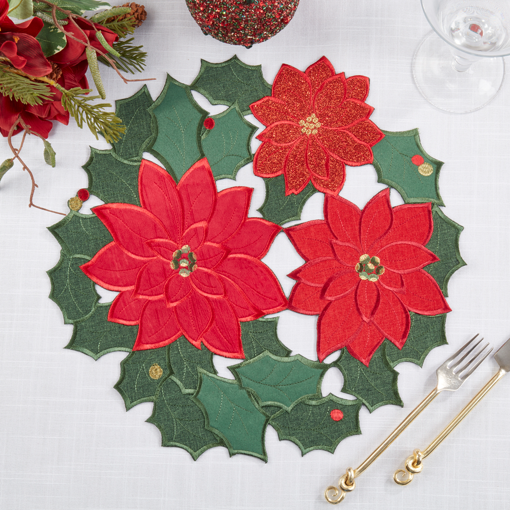2030 - Red and Green Poinsettia 15" Round Placemat