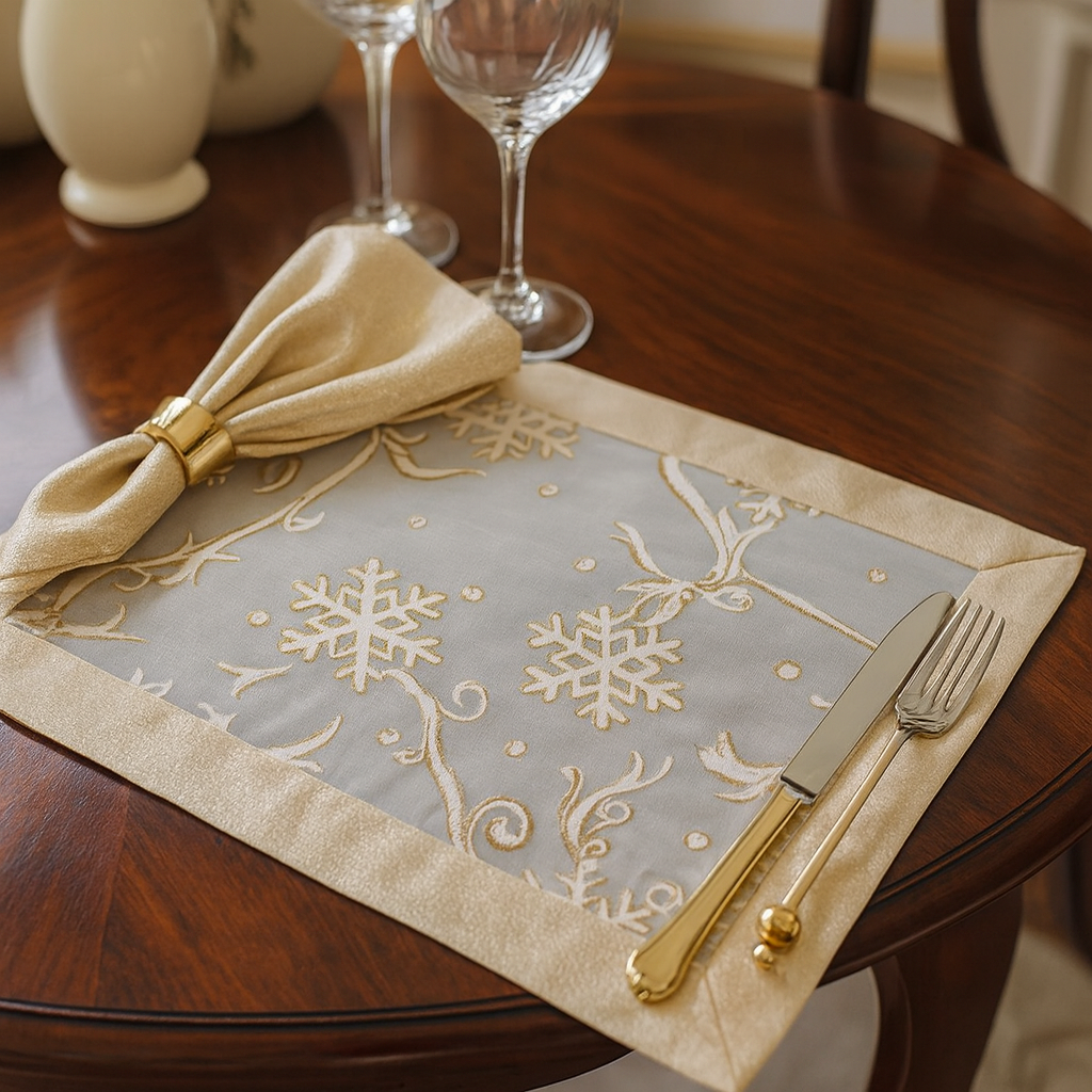 XJ366 - Snowflake & Ribbon Gold Border Sheer 14x20 Placemat