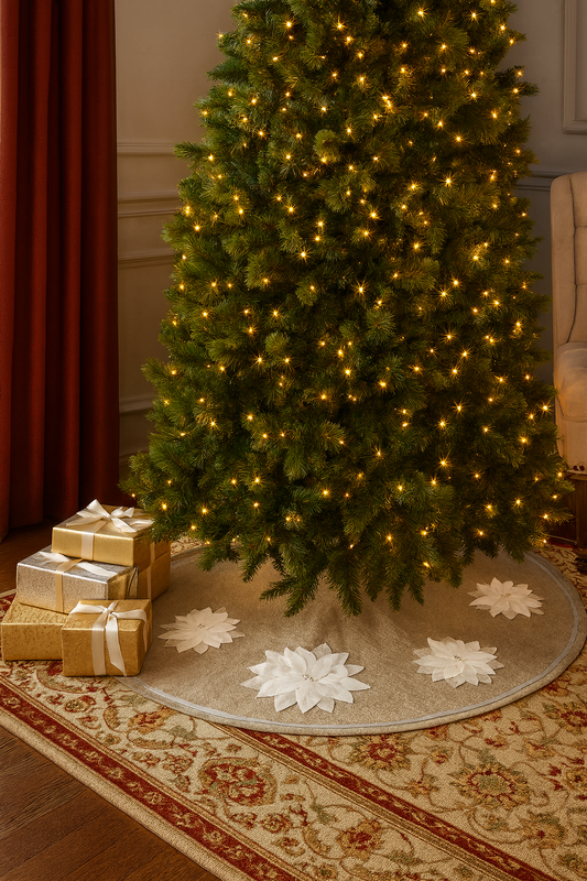 TBL0004 - Silver-White 3D Poinsettia Natural 53" Christmas Tree Skirt