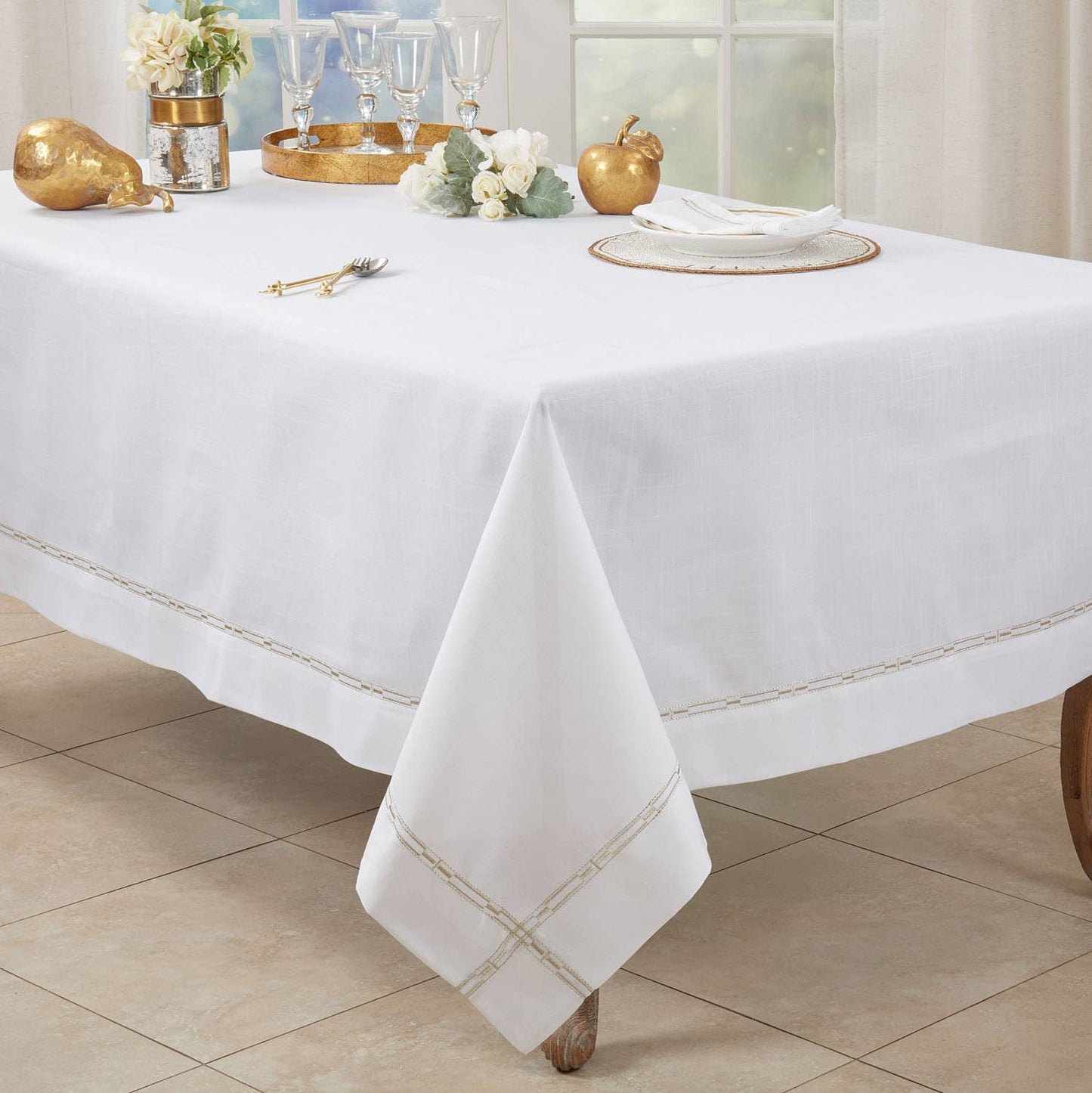 3496 - Elegant Gold Embroidered Border White Tablecloth