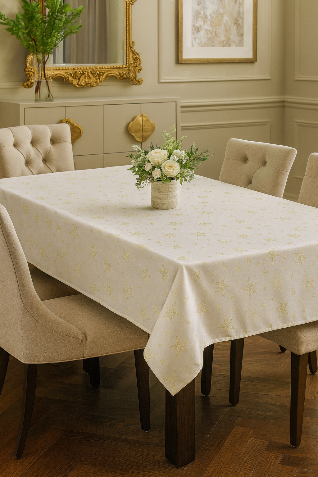 TBL0048 - Golden Holly Star Holiday Ivory 70" Square Tablecloth