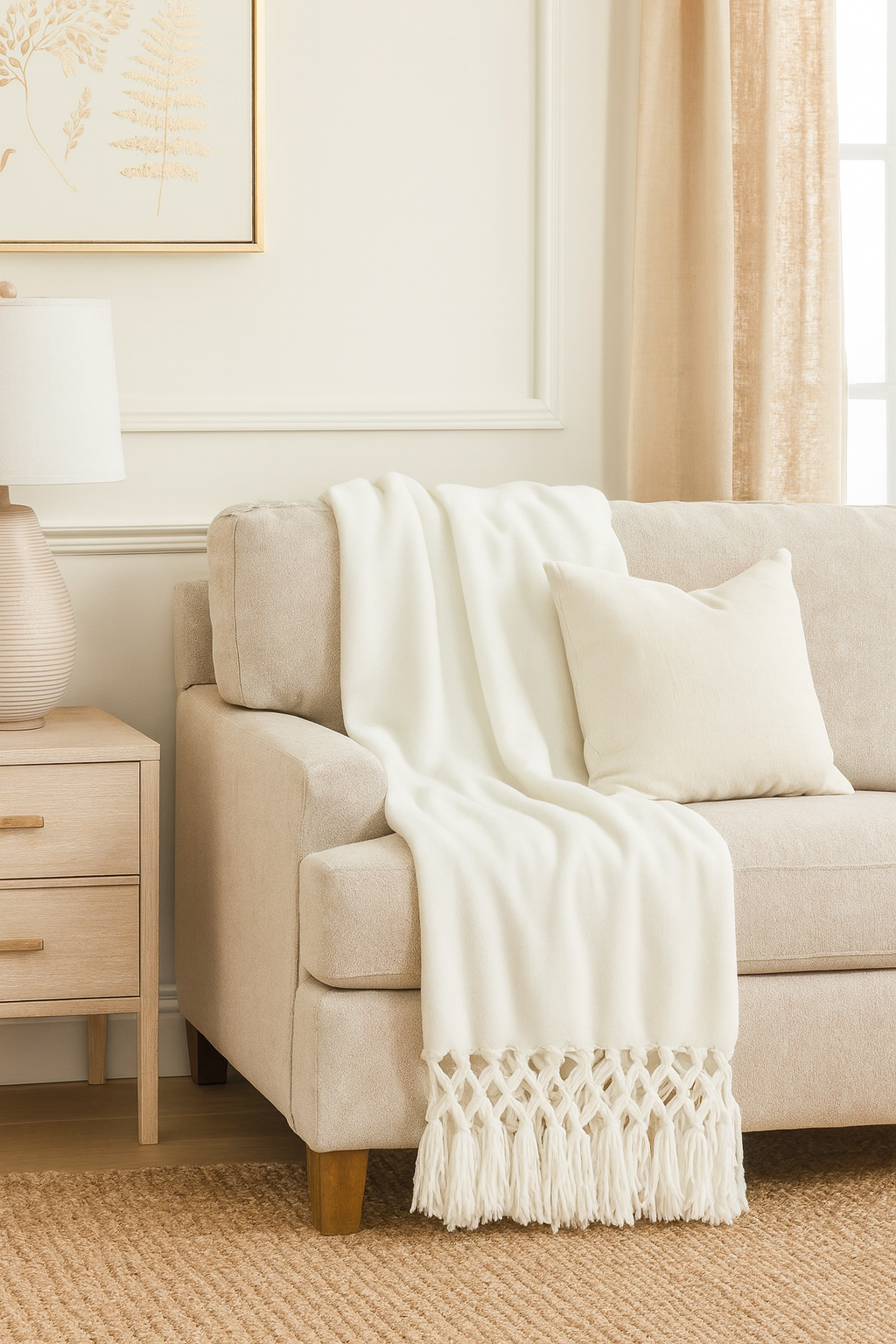 TH405 - White Hand-Knotted Chenille Throw Blanket