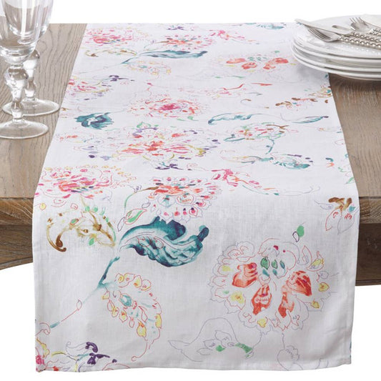 13010 - White Floral Pure Linen 16"x72" Table Runner