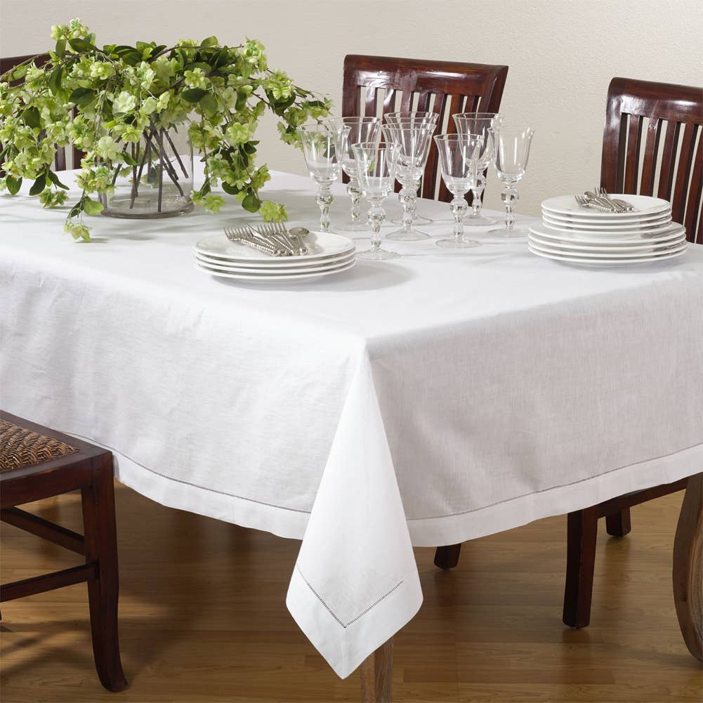 6100 - White Hemstitch Linen-Cotton Tablecloth