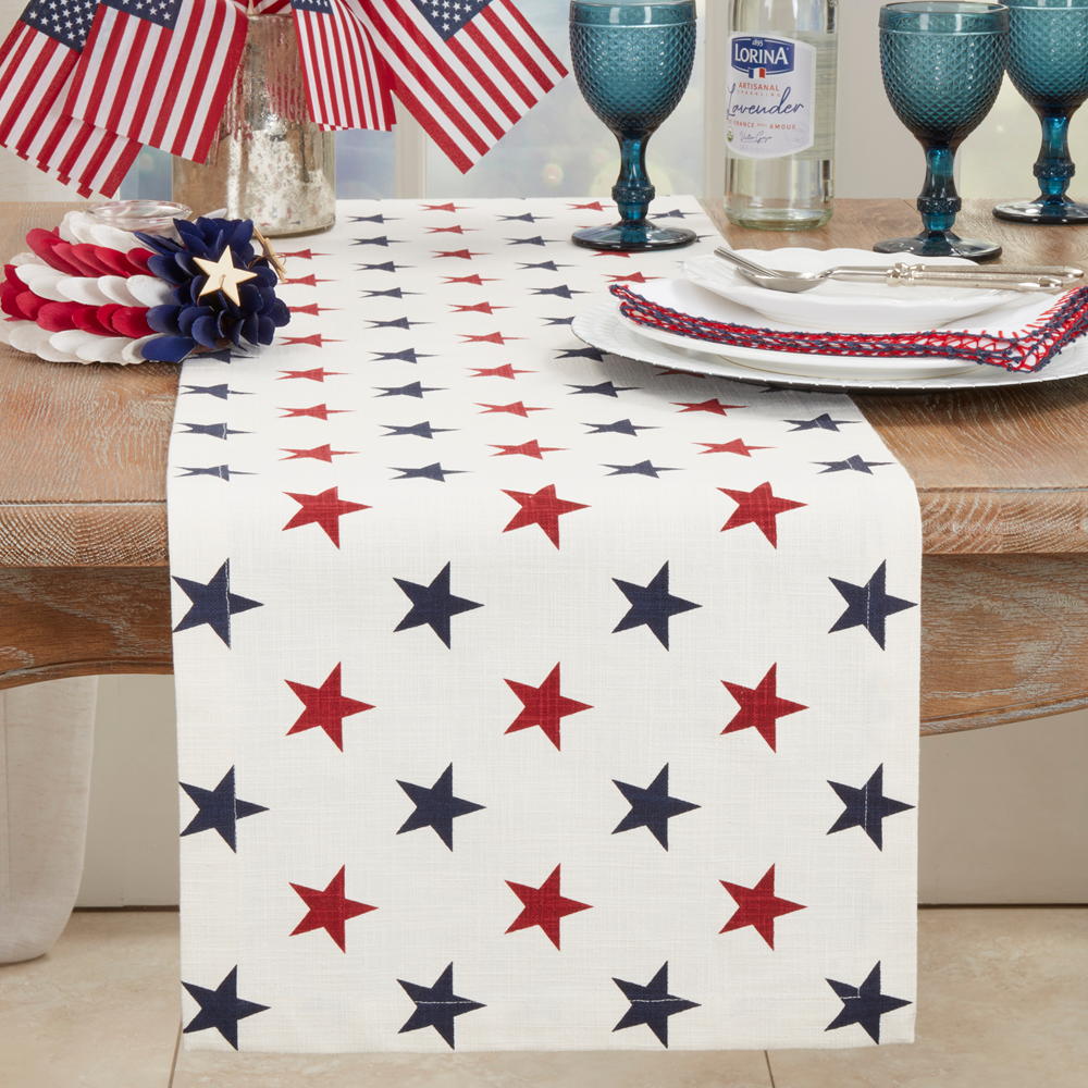 6771 - Red & Blue Stars Cotton 14"x72" White Table Runner