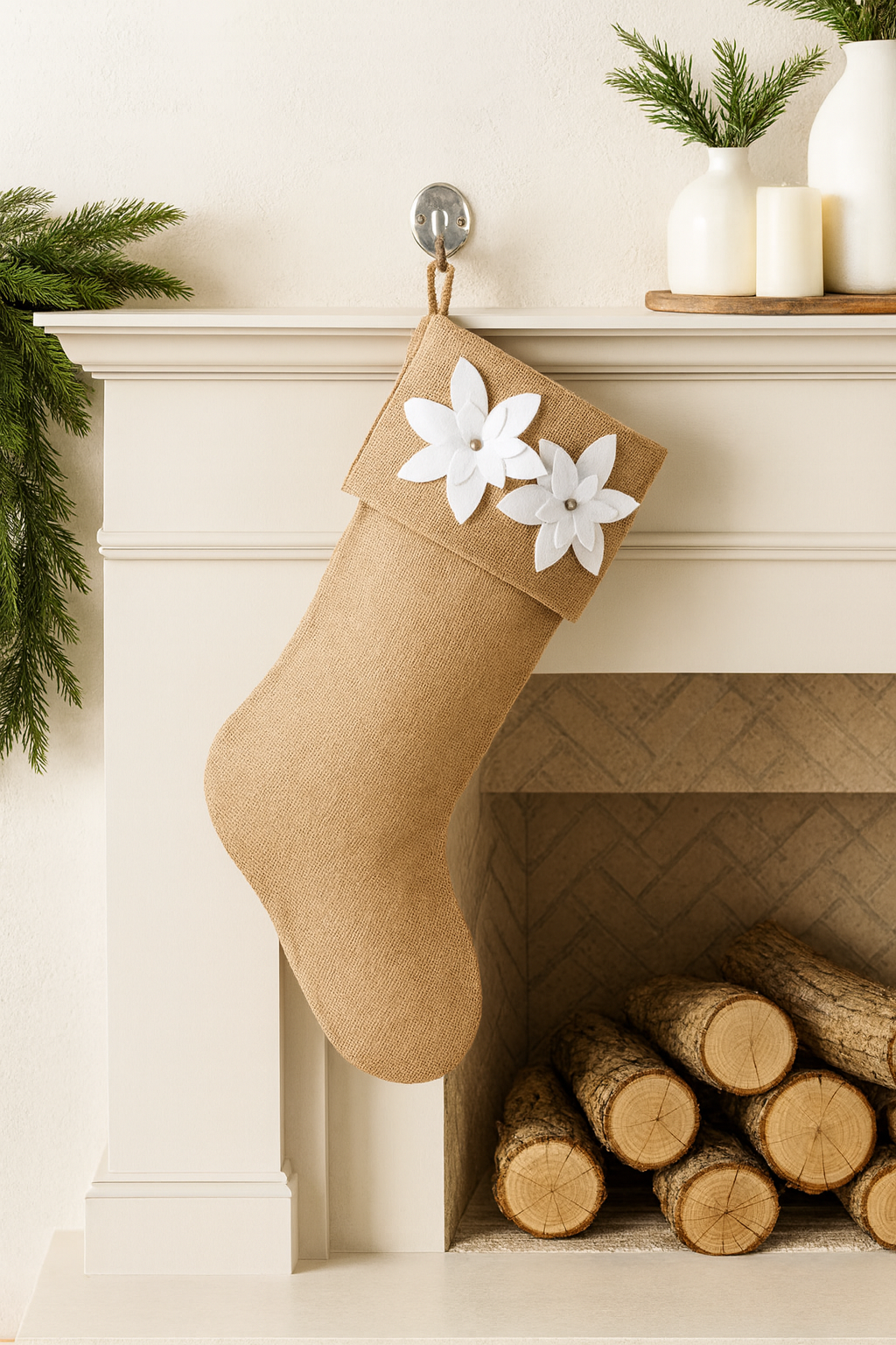 653 - White Felicia Poinsettia Burlap Christmas Stocking
