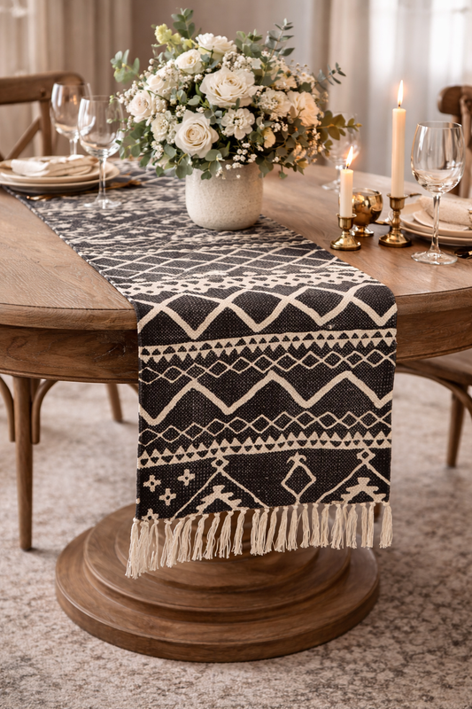 7270 - Black Eclectic Mud Cloth Pattern Cotton 16"x72" Table Runner