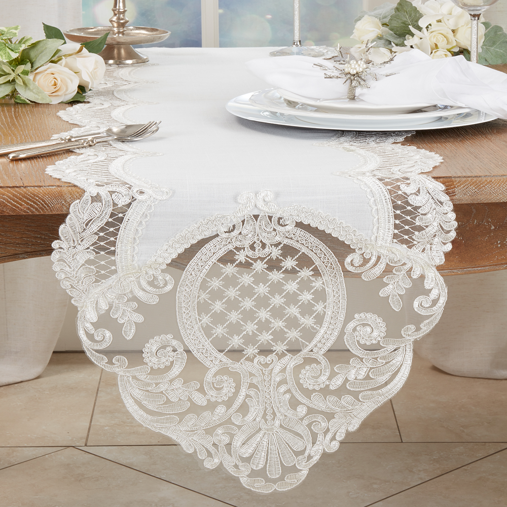 1109 - White Embroidered Lace Table Runner