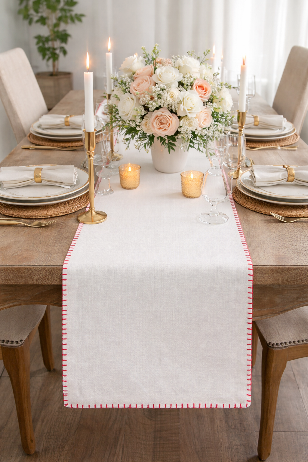 731 - Red Whip Stitched Cotton White 13"x72" Table Runner