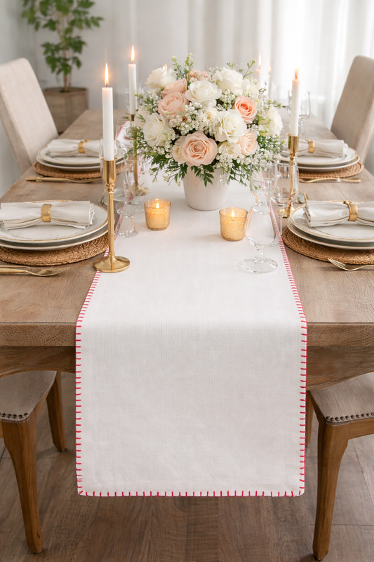 731 - Red Whip Stitched Cotton White 13"x72" Table Runner
