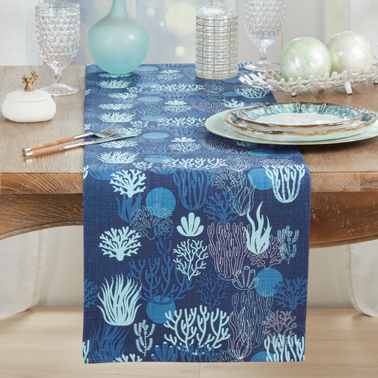 1500 - Navy Blue Coral Cotton 14"X72" Table Runner