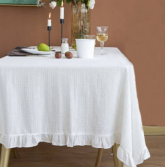 TBL0040 - White French Embroidered Ruffled Cotton Tablecloth