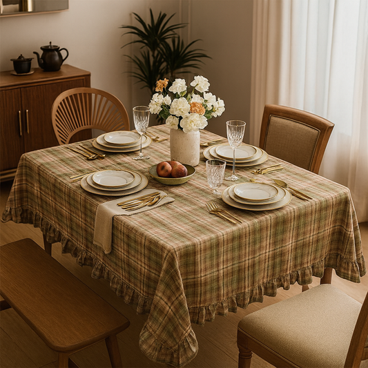 TBL0055 - Khaki Plaid Ruffled Border Cotton Woven Tablecloth