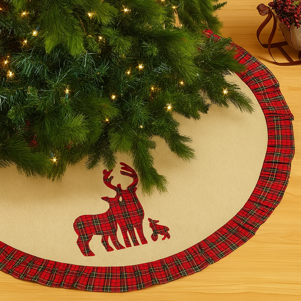 TBL0003 - Reindeer Tartan Plaid Ruffle 53" Round Christmas Tree Skirt