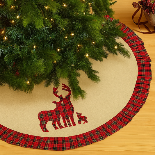 TBL0003 - Reindeer Tartan Plaid Ruffle 53" Round Christmas Tree Skirt