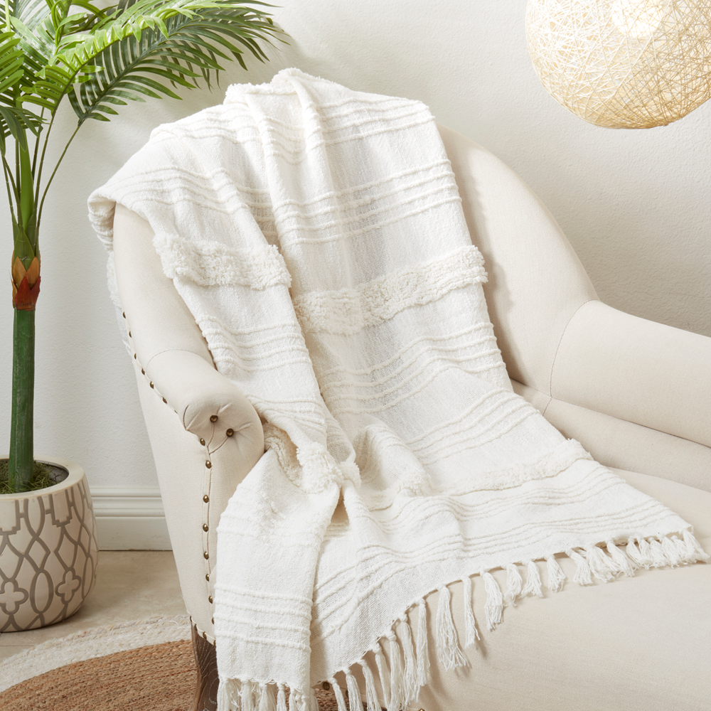TH315 - White Tufted Cotton 50x60 Inch Throw Blanket with Tassel