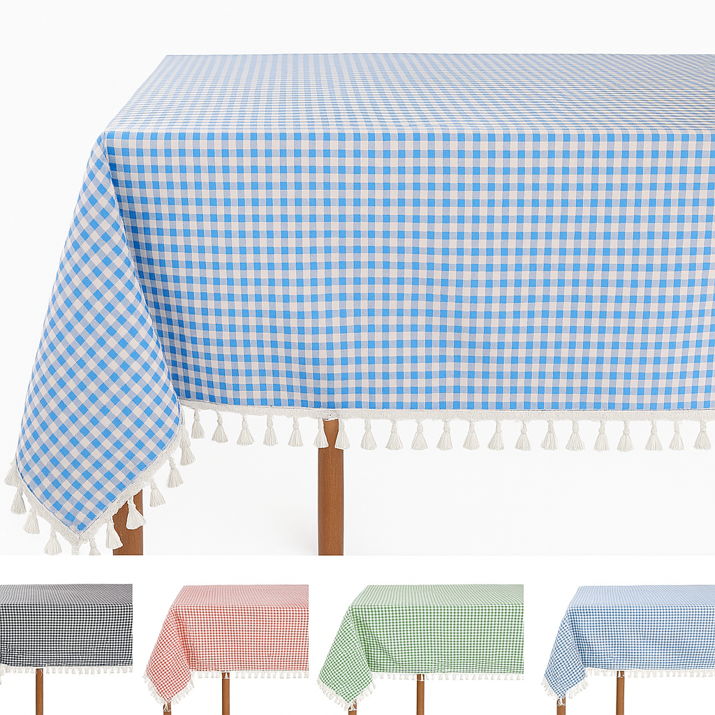 TBL0021 - Rustic Gingham Check Tasseled Trim Cotton Blend Tablecloth