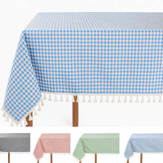 TBL0021 - Rustic Gingham Check Tasseled Trim Cotton Blend Tablecloth