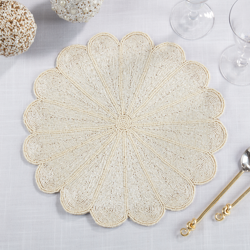 201 - Ivory Flower Beaded 15" Round Placemat