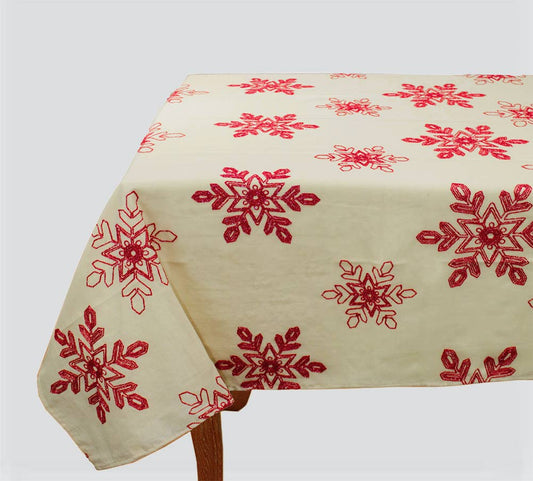 70197 - Embroidered Red Snowflake Natural 60" Square Tablecloth