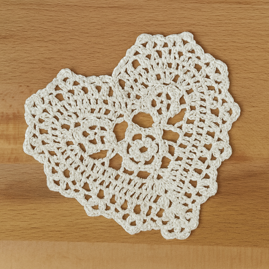 20003 - 4" Beige Hand Crocheted Heart Doily