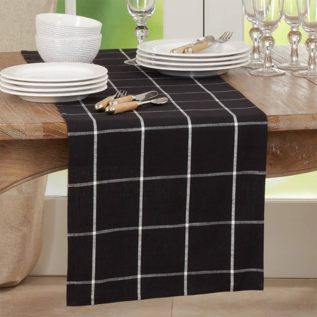 389 - Black White Plaid Cotton 16"X72" Table Runner