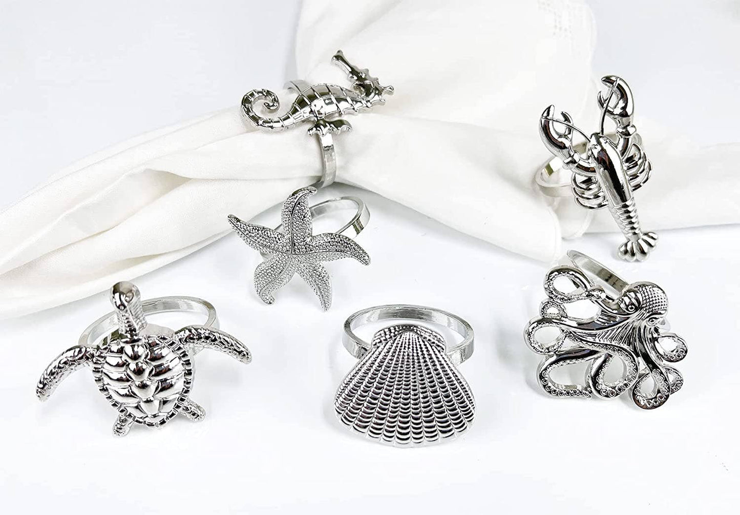 NR0175 - Silver Coastal Sea Creatures Metal Napkin Rings - Set of 6