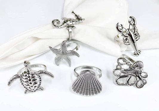 NR0175 - Silver Coastal Sea Creatures Metal Napkin Rings - Set of 6
