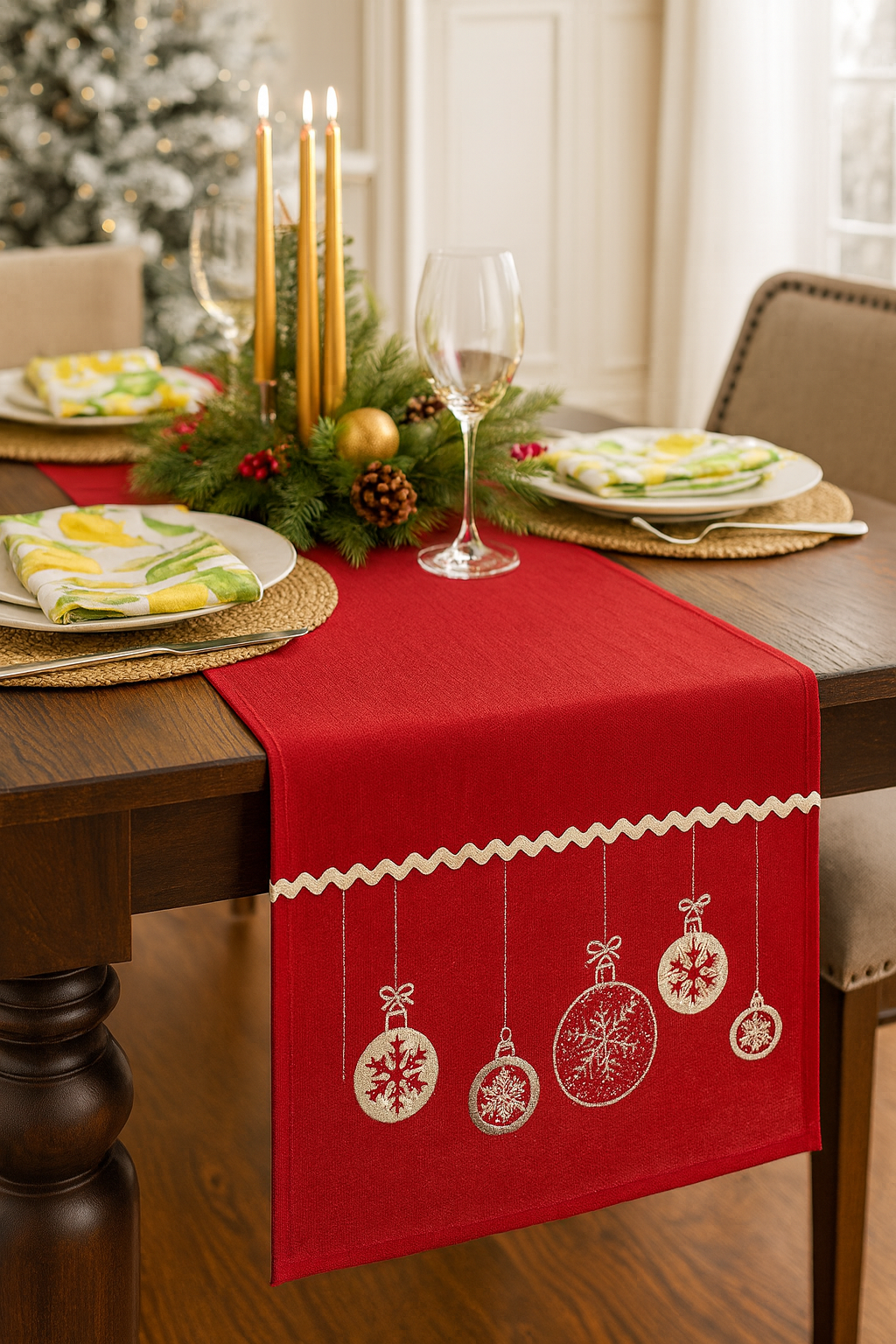 0128 - Embroidered Ornaments 16x72 Inch Red Holiday Table Runner