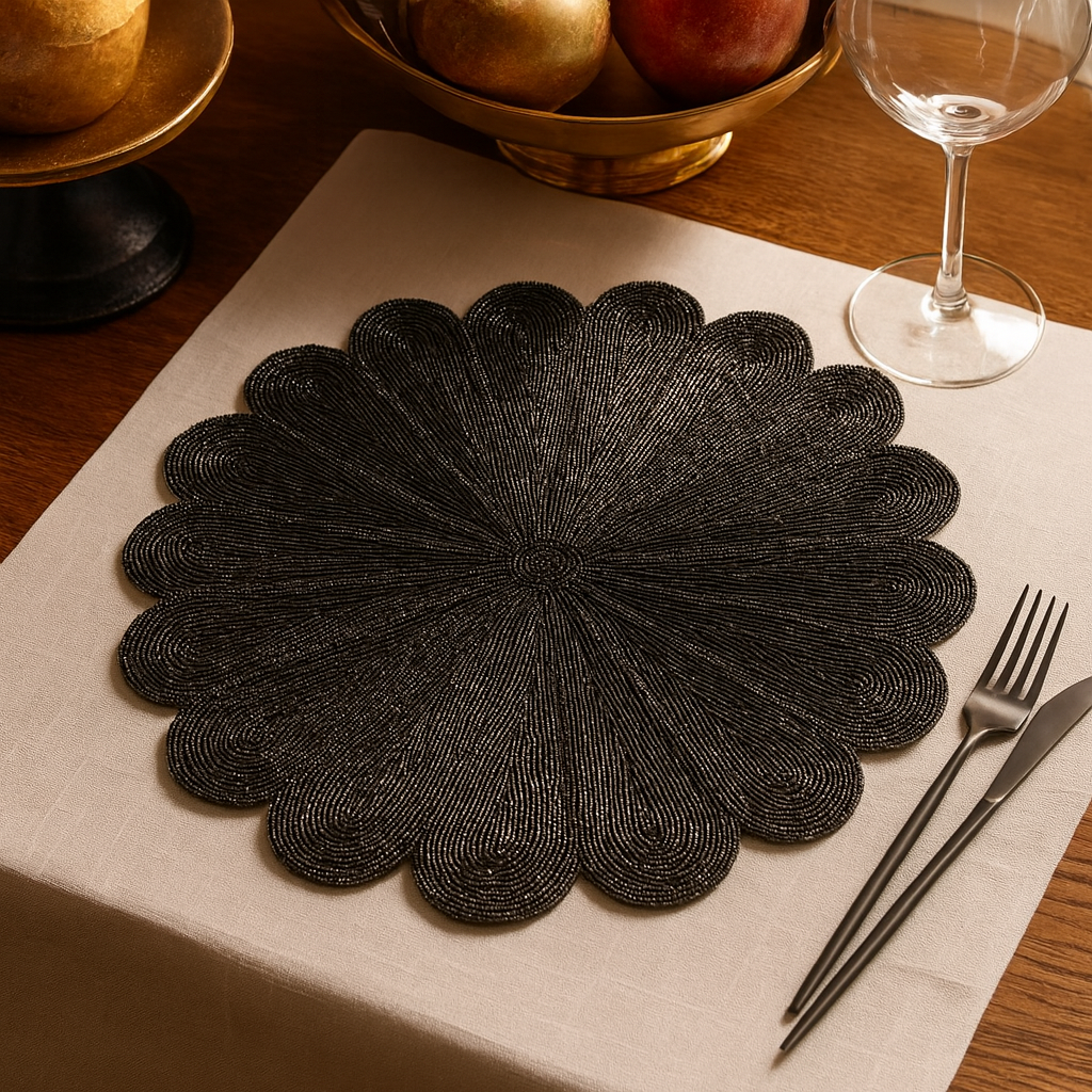 201 - Black Flower Beaded 15" Round Placemat