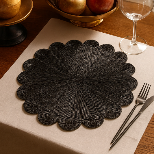 201 - Black Flower Beaded 15" Round Placemat