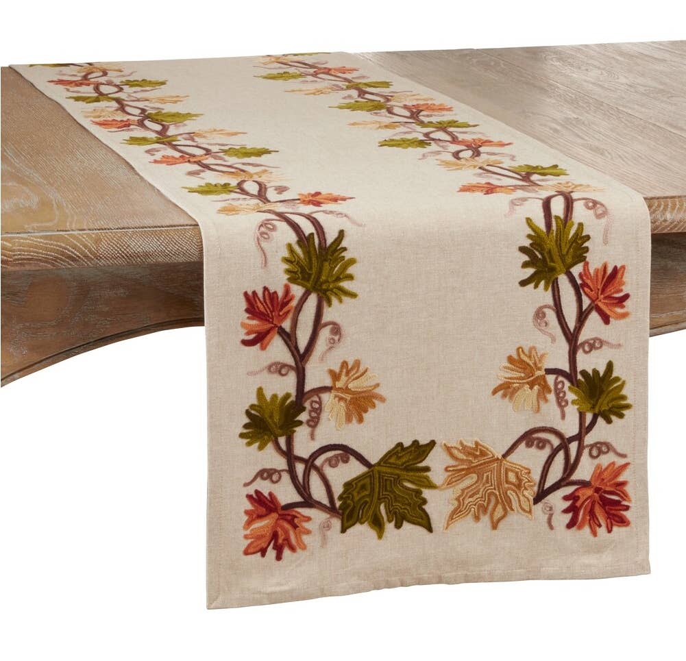 1067 - Embroidered Fall Leaf Natural Cotton Table Runner