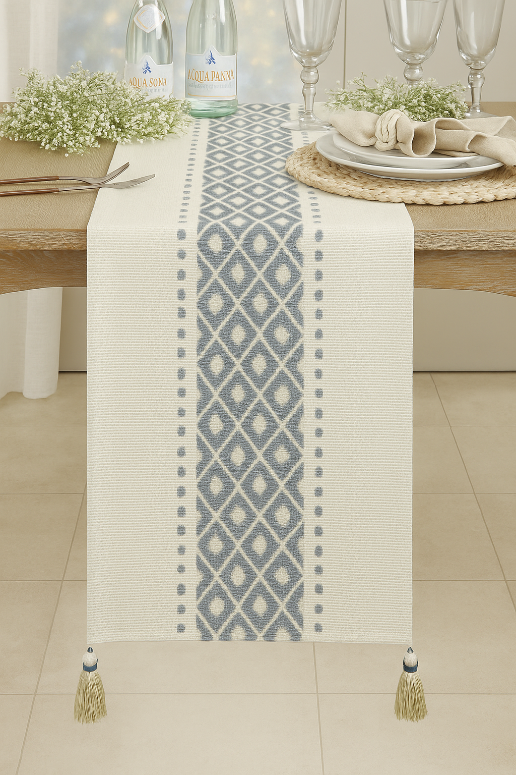 TBL0046 - Blue-Grey Geometric Print Cotton 14"x87" Table Runner