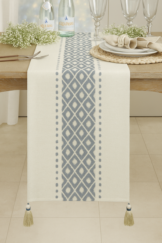 TBL0046 - Blue-Grey Geometric Print Cotton 14"x87" Table Runner
