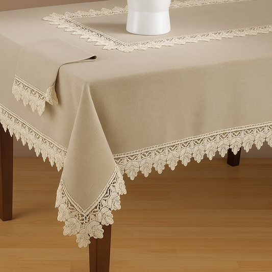9212 - Lace Trimmed Taupe Tablecloth