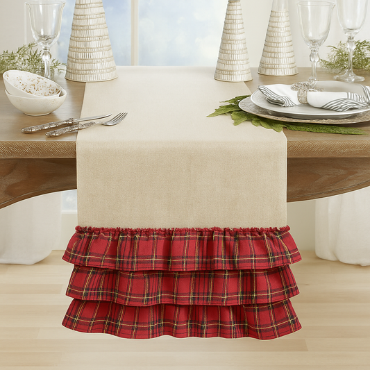 TBL0003 - 3-Layer Tartan Plaid Ruffle Holiday Table Runner