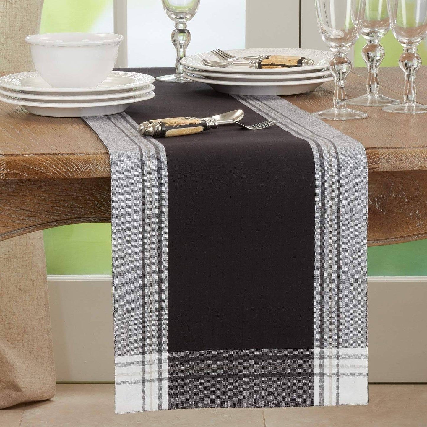 4387 - Black Stripe Border Cotton 13"x72" Table Runner