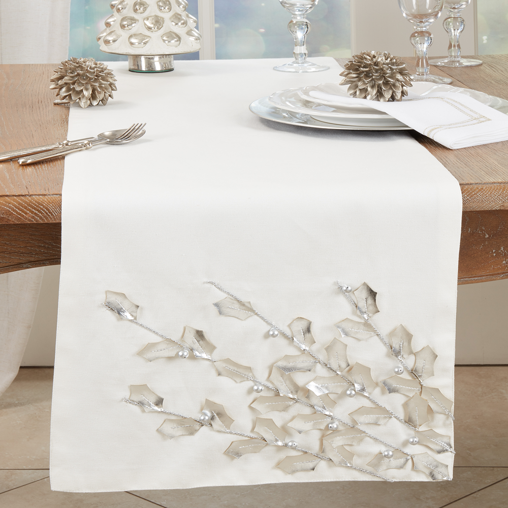 2081 - Silver 3D Poinsettia Branch Cotton 16x72 Table Runner