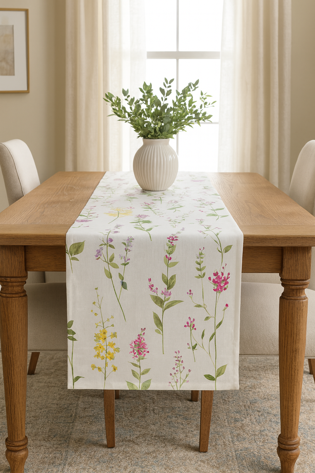 1015 - Watercolor Floral Stems Linen-Cotton 16"X72" Table Runner