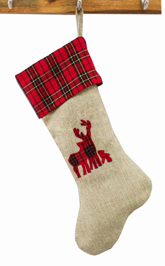 TBL0003 - Reindeer Tartan Plaid Ruffle Cuff Christmas Stocking