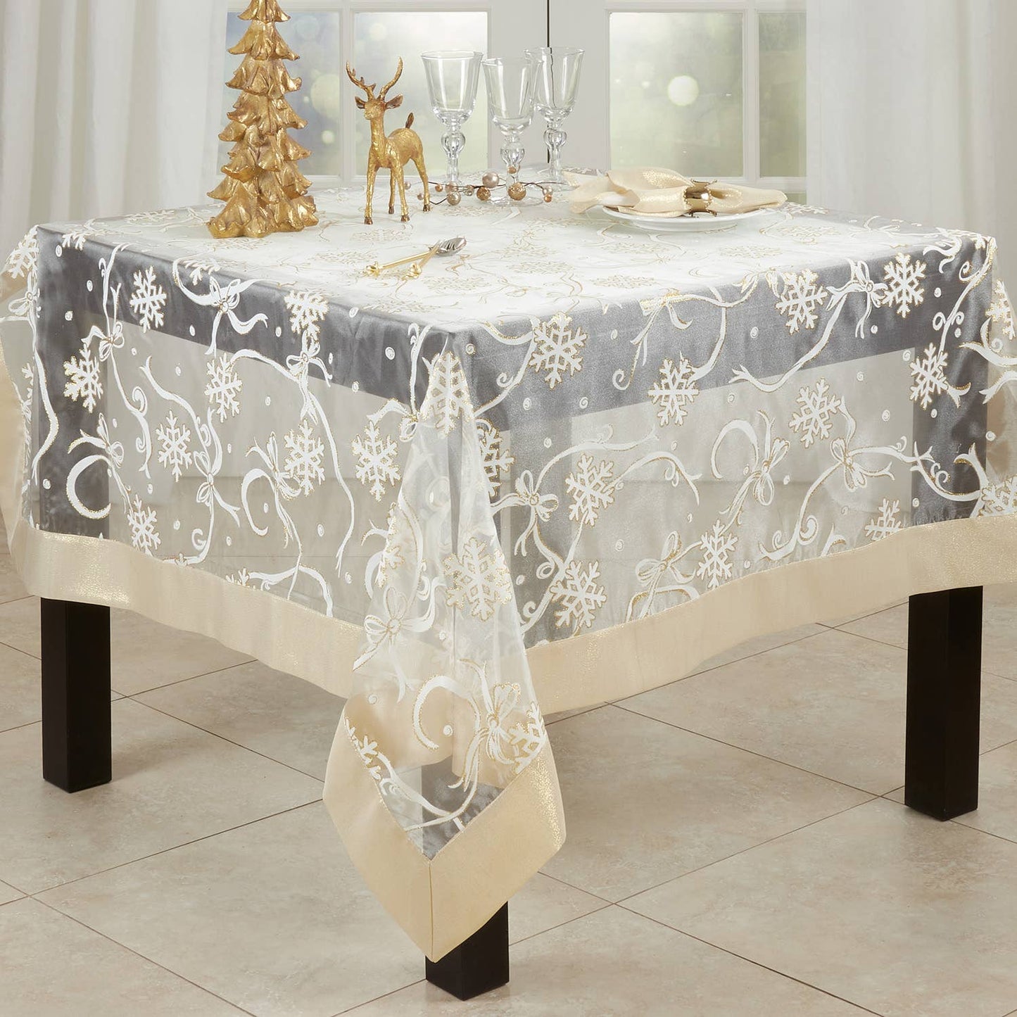 XJ366 - Snowflake & Ribbon Gold Border Sheer Holiday Tablecloth