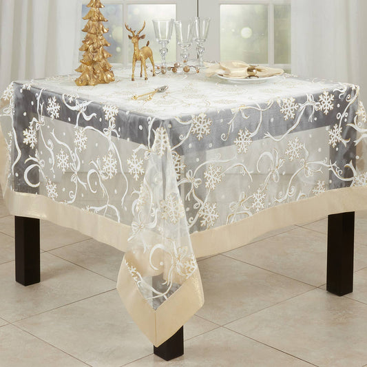 XJ366 - Snowflake & Ribbon Gold Border Sheer Holiday Tablecloth