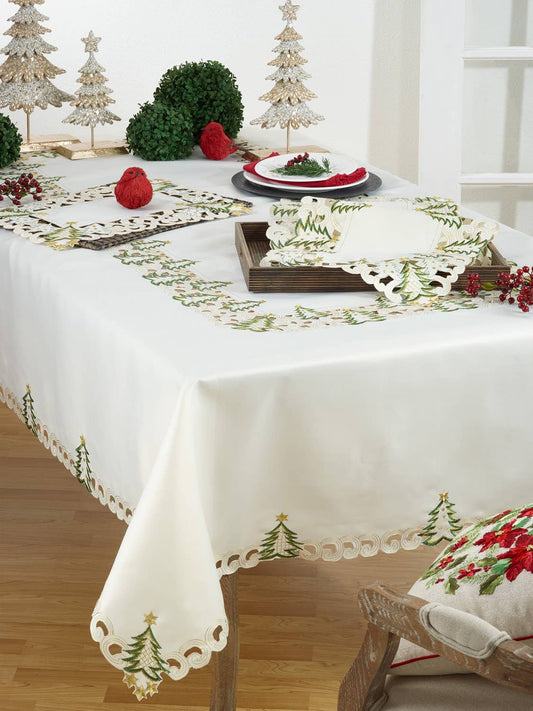 QX227 - Ivory Embroidered Christmas Tree 67" Square Tablecloth