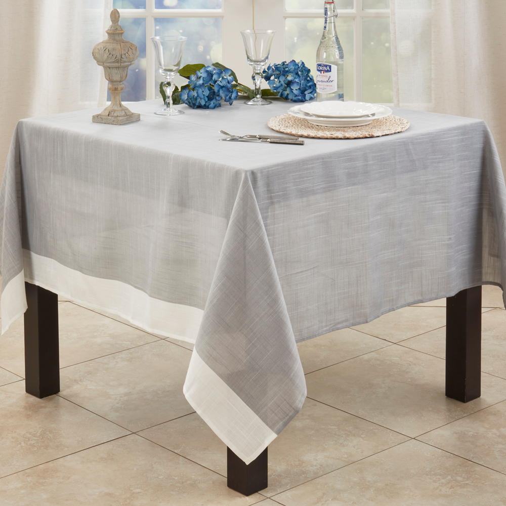 712 - White and Grey Banded Tablecloth